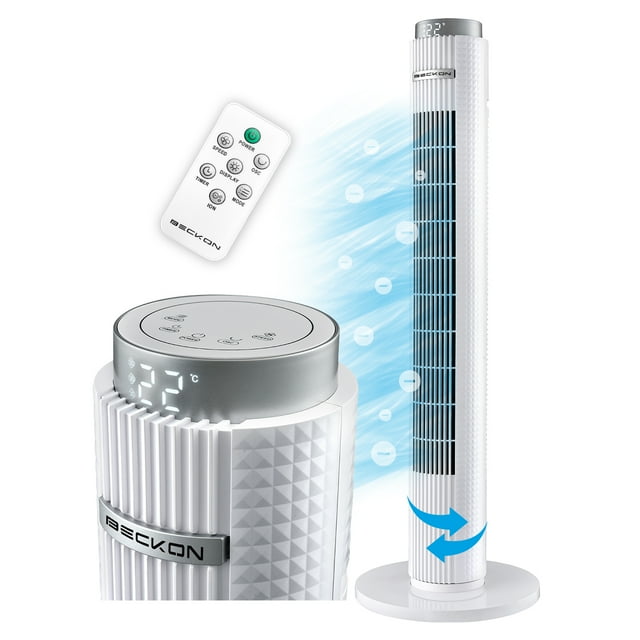 Ventilador De Torre Premium Corte Diamante Con Ionizador + Control Remoto Oscilación Temporizador Display Led 97cm De Alto Blanco Beckon