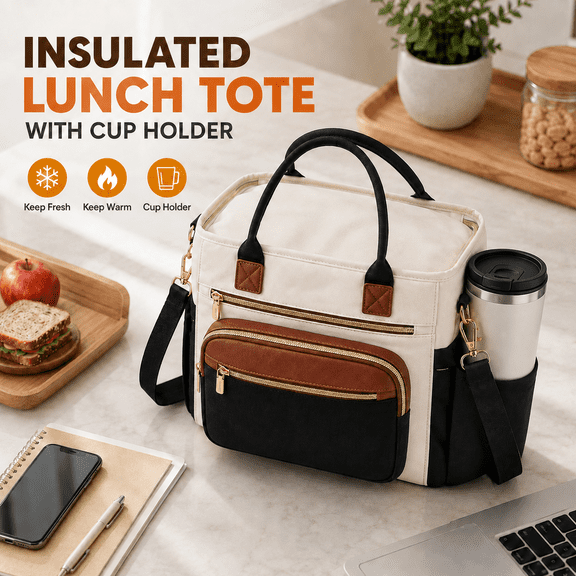 VBNDMAW Insulated Lunch Bag, Large Leakproof Cooler Tote with 40 oz Cup Holder, Wide Opening, Adjustable Shoulder Strap, Black/Off White/Brown