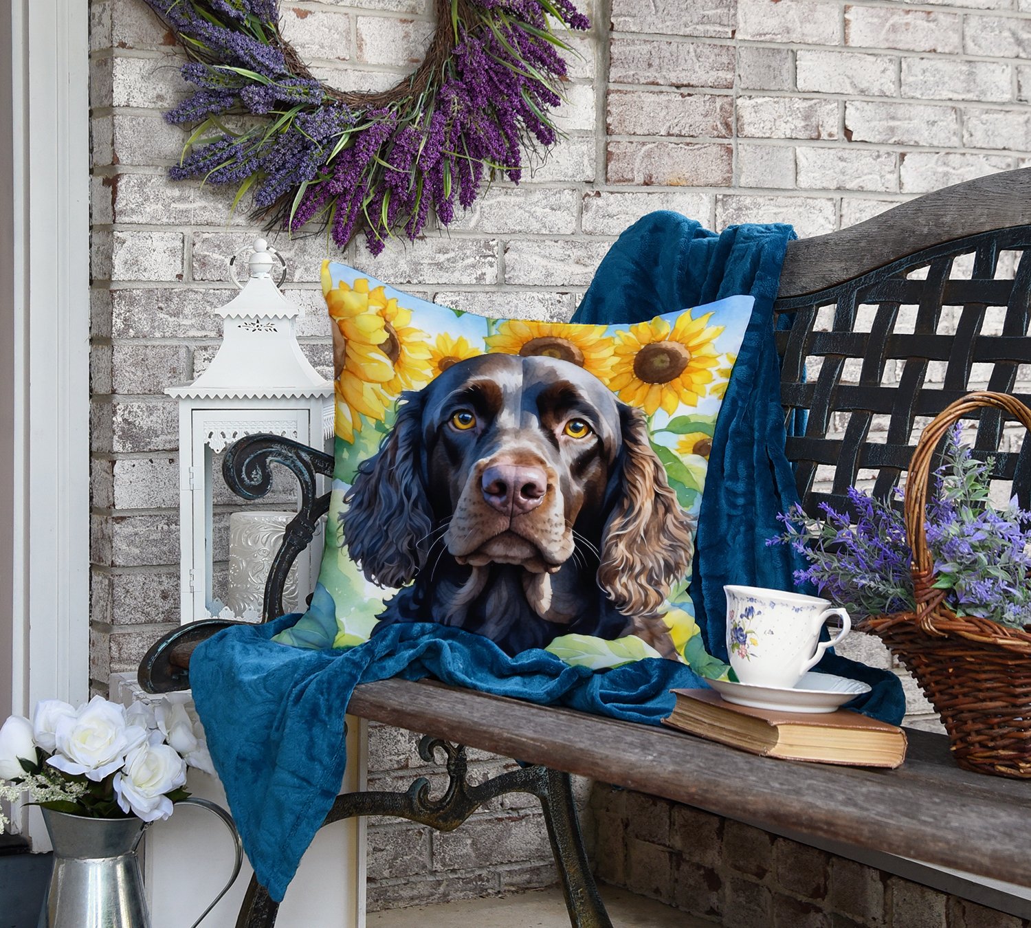 Water Spaniel in Sunflowers Throw Pillow 18 in x 18 in