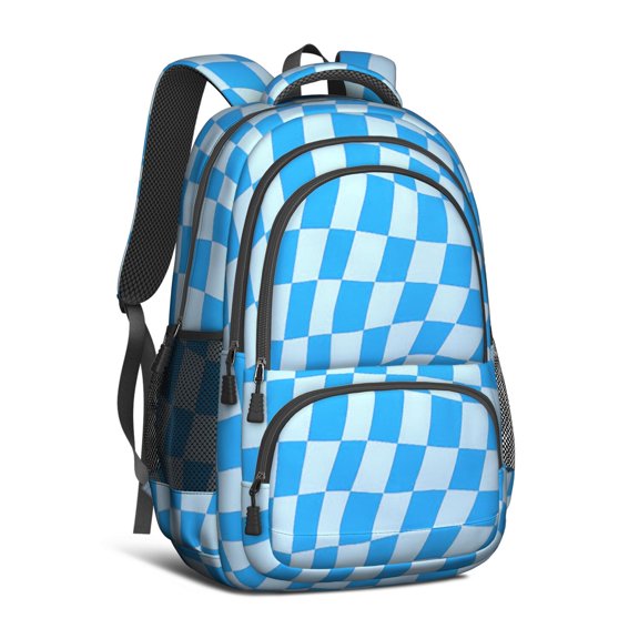 Blue Wavy Checkered Pattern Backpack for School, Cute School Bag with Adjustable Shoulder Straps and Padded Back, 16.9"x12.6"x5.9"