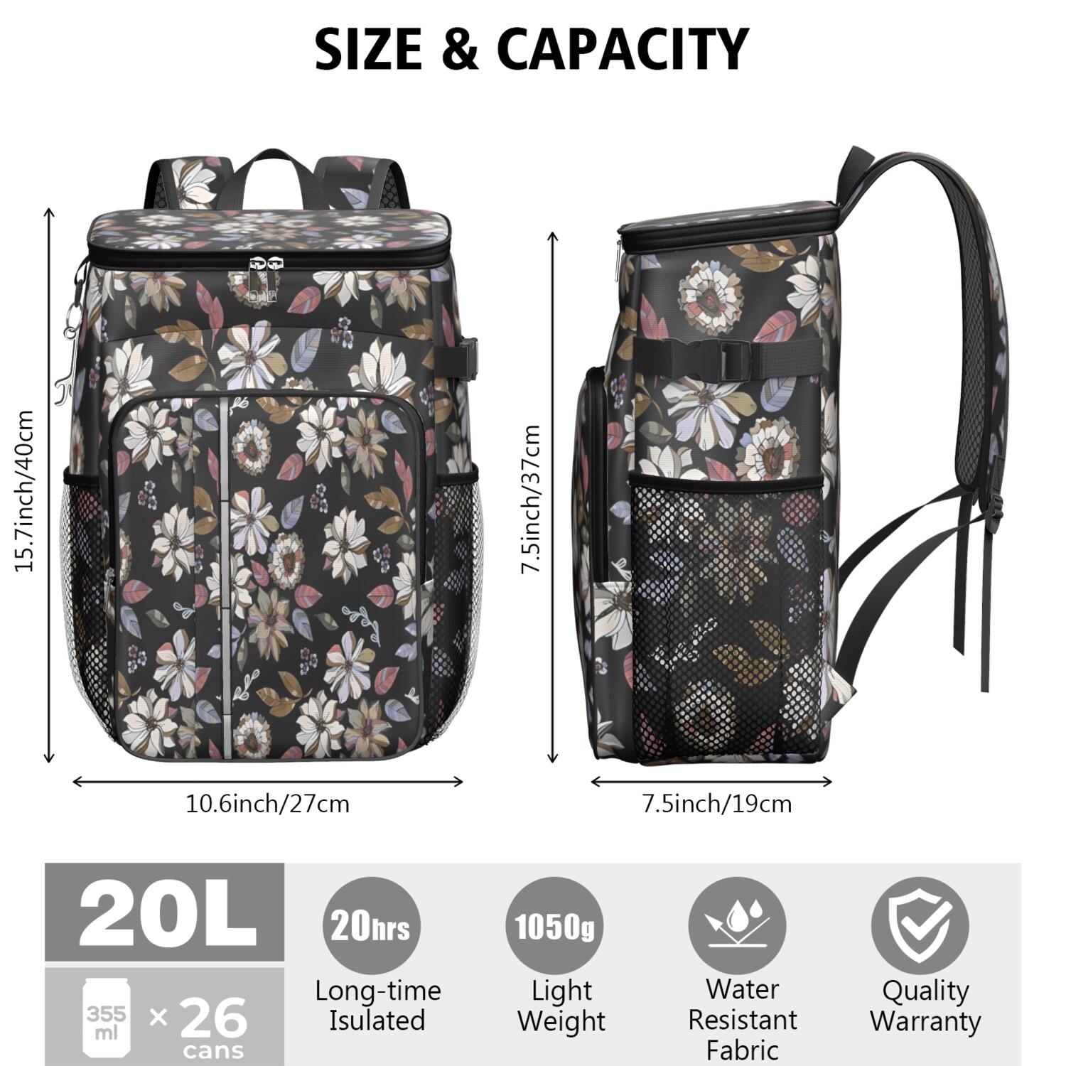 Travel Cooler Bag - Pioneer Flower Floral Print Pattern Camping Beer Cooler Backpack with Bottle Opener- Waterproof Insulated Picnic Backpacks - Cooler Bag for Beach