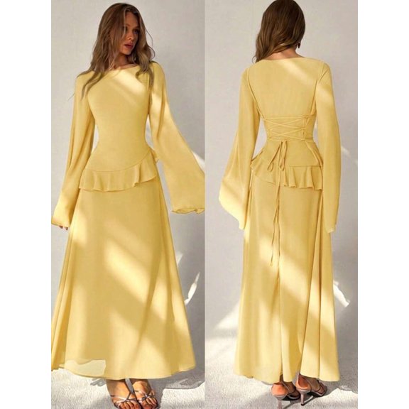 Light Yellow Womens Off-Shoulder Flare Sleeve Ruffle Peplum Waist Maxi Dress