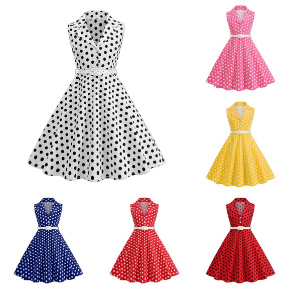 JAJAHO Girls Vintage Dresses Polka Dot 50S Girl Dress Summer Sleeveless Notched Lapel Flowy Swing A-Line Midi Dress Formal Party Wear For Kids 3-8Y