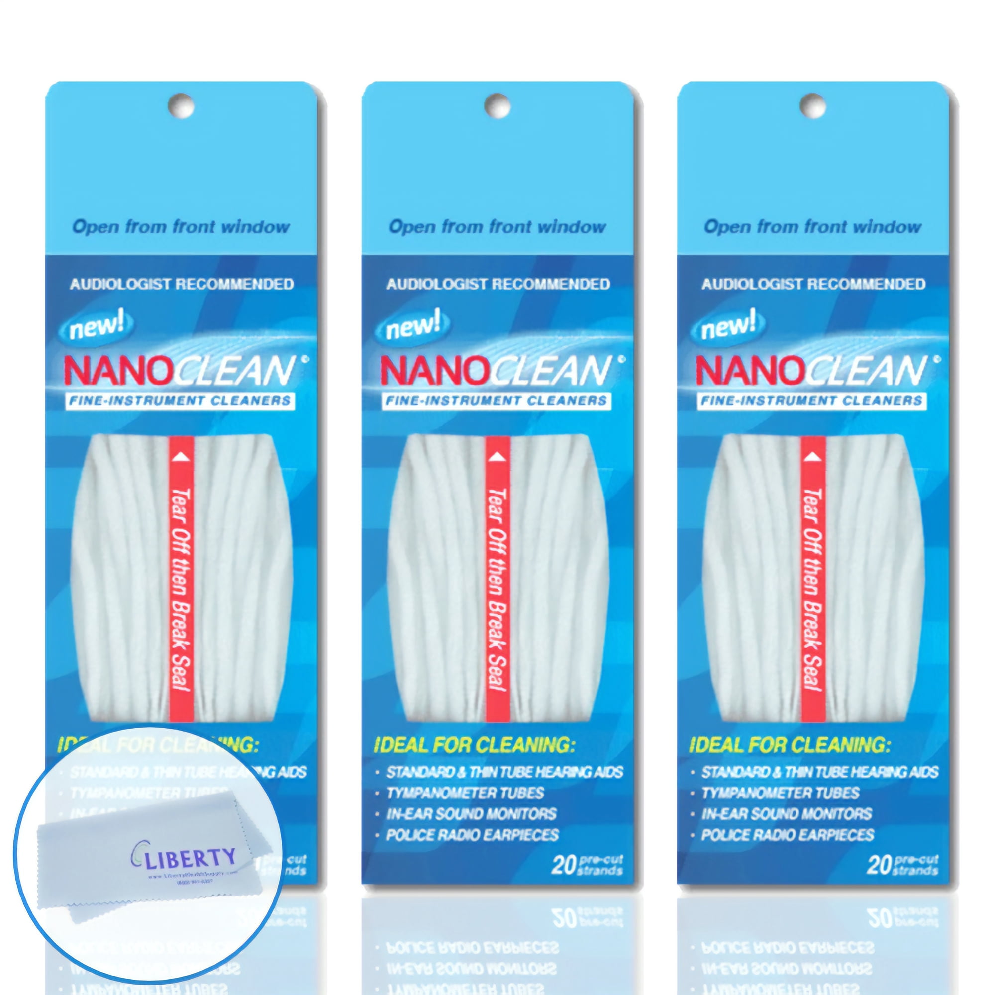 All-in-1 Hearing Aid Cleaning Kit (3 Pack) - Gentle and Effective Hearing Aid Cleaning Brush w/Threader (60 Ready-to-Use Strands) w/ Liberty Cleaning Cloth - Fine Instrument Cleaners by NanoClean