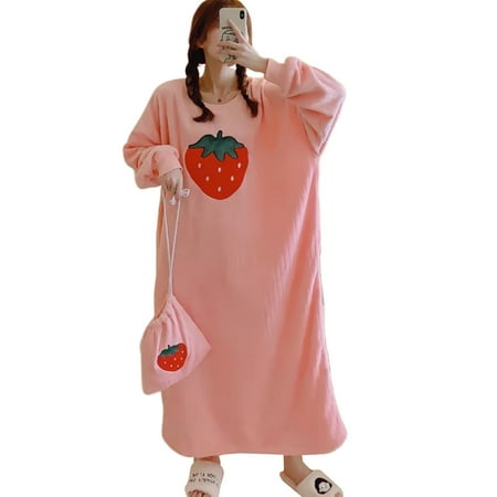 

Women Kawaii Oversized Nightgown Coral Velvet Winter Pajamas Cute Fruit Embroidery Sleepwear with Storage Bag
