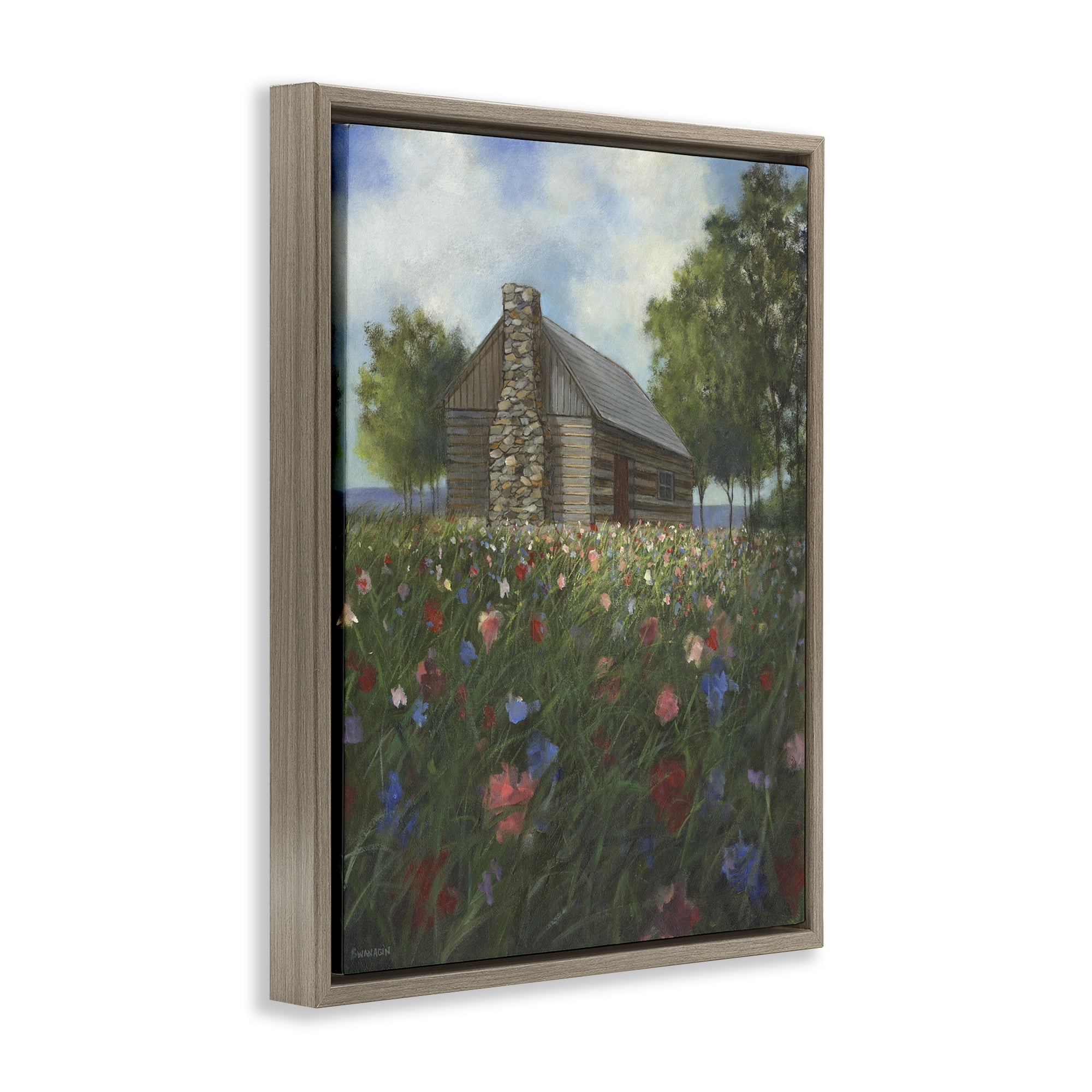 Stupell Industries Log Cabin Meadow Landscape Painting Brown Floater Framed Art Print Wall Art, 17 x 21