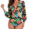 thumbnail image 4 of WREESH Womens One Piece Swimsuit Long Sleeve Cutout Swim Suits Fashion Printed Comfortable Loose Swimsuit Blouse Casual V-Neck Attractive Bathing Suits Multicolor, 4 of 8
