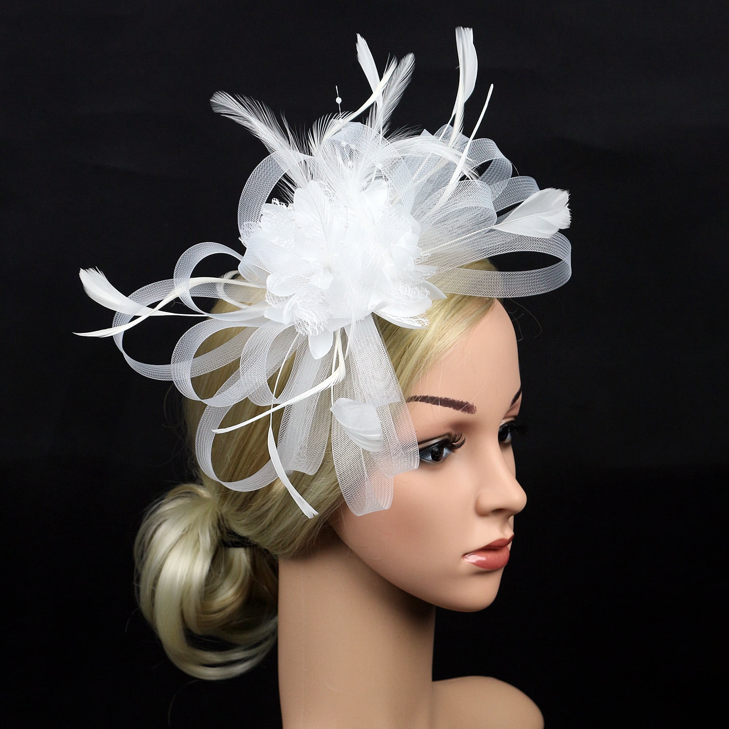 Gold Mesh Bow Aliceband Feather Fascinator Headband Wedding Bridal Headwear