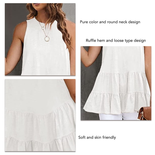Camisas casuales sin mangas, Tipo suelto de las mujeres sin mangas T Shirt simple cuello redondo amigable con la piel para la escuela Blanco L LHCER 1