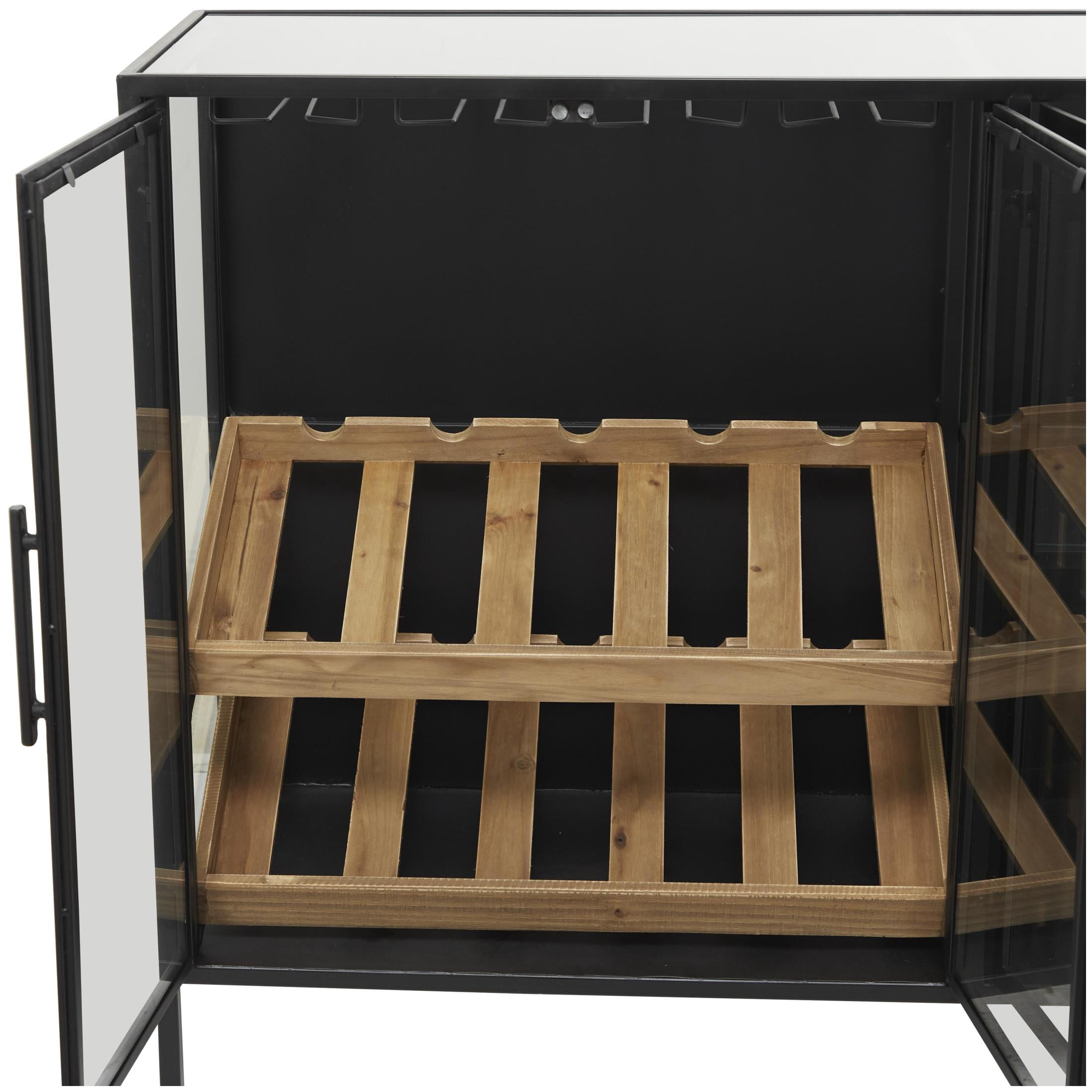 DecMode 47" x 32" Black Metal 10 Bottle Glass Panel Door Standing Wine Rack with Wine Glass Holders and Wood Accents, 1-Piece
