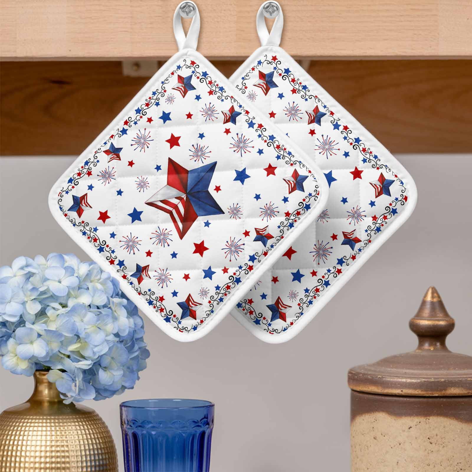 Blue Red Pentagram Pot Holders for Kitchen Heatproof Potholder, 5 Pack Independence Day Retro Country Hot Pads Multipurpose Oven Pads Cloth Potholders Trivet for Cooking Baking