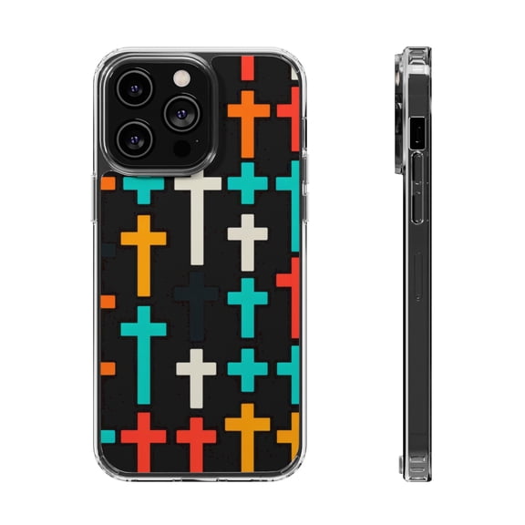 DistinctInk Hybrid (Acrylic / TPU) Clear Slim Fit Case for Apple iPhone 14 Pro MAX (6.7" Screen) - "Colorful Bold-Christian Crosses: Vibrant Minimalistic Pattern"