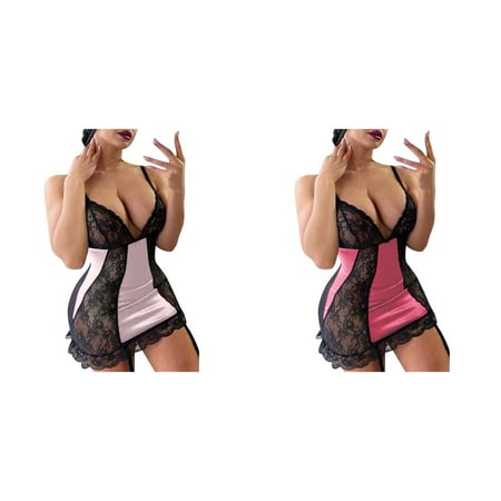2-Pack Women Lace Black Lingerie Dress Sleepwear Night Dress Backless Pajamas Satin Lingerie Set for Women plus Size Christmas Lingerie for Women Bridal Lingerie for Women Vintage Lace up Corset