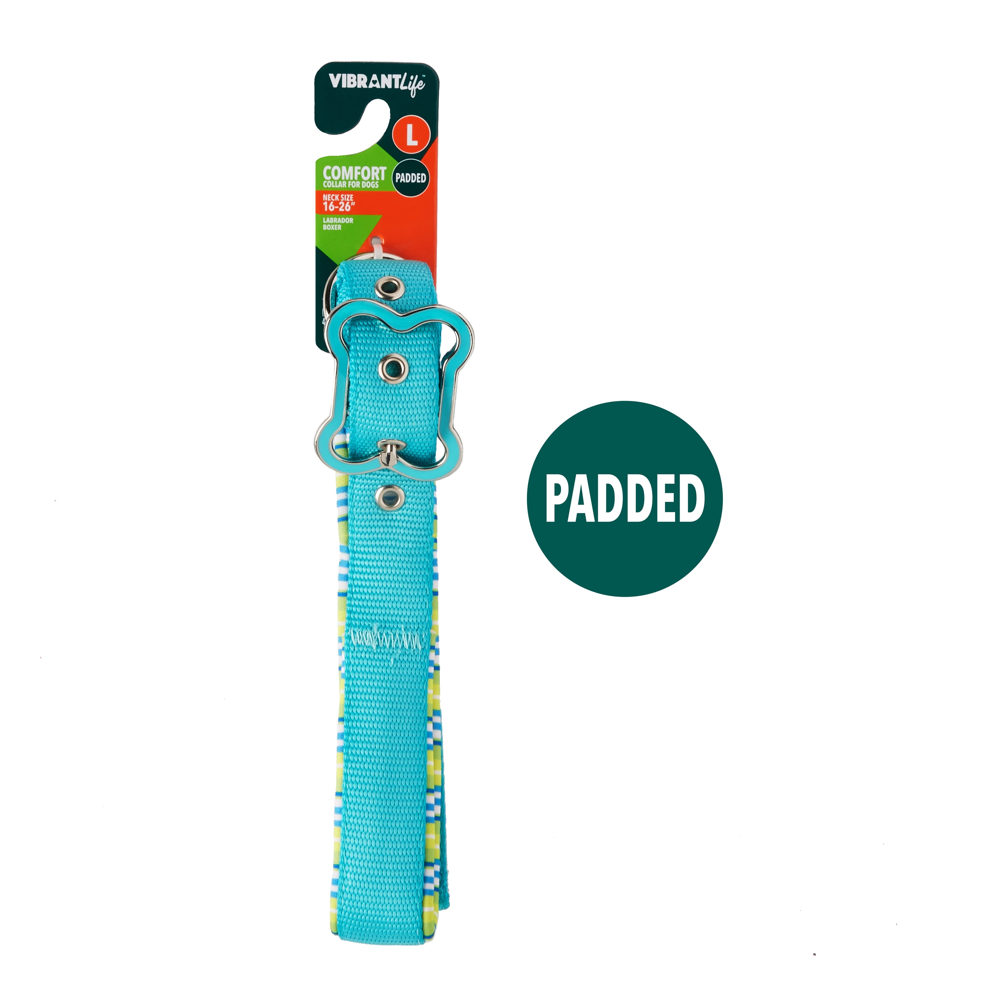 Vibrant Life Comfort Padded Dog Collar, Teal Striped, Large