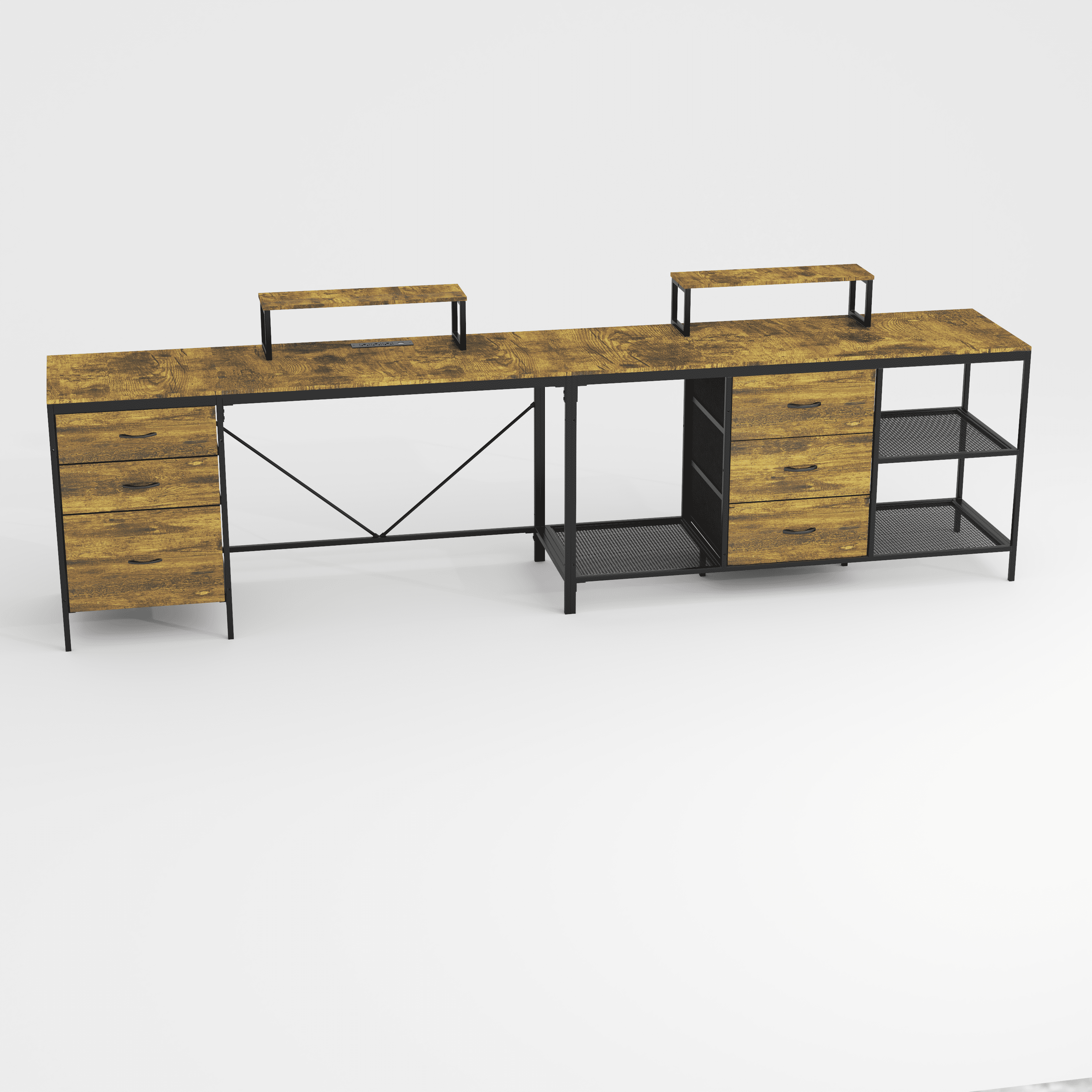 114 Inch L-Shaped Desk with Power Outlets & USB-C, Industrial Computer Desk with 6 Fabric Drawers, 3 Open Shelves & Movable Monitor Stands, Large Corner Office Desk for Gaming, Rustic Brown