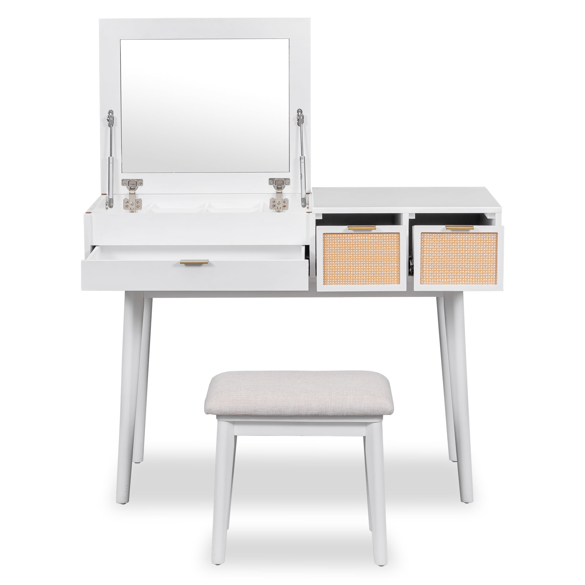 Yoneston 43.3" Classic Wood Makeup Vanity Set with Flip-top Mirror, Vanity Table with Cushioned Chair with Three Drawers and Storage Space for Bedroom, White
