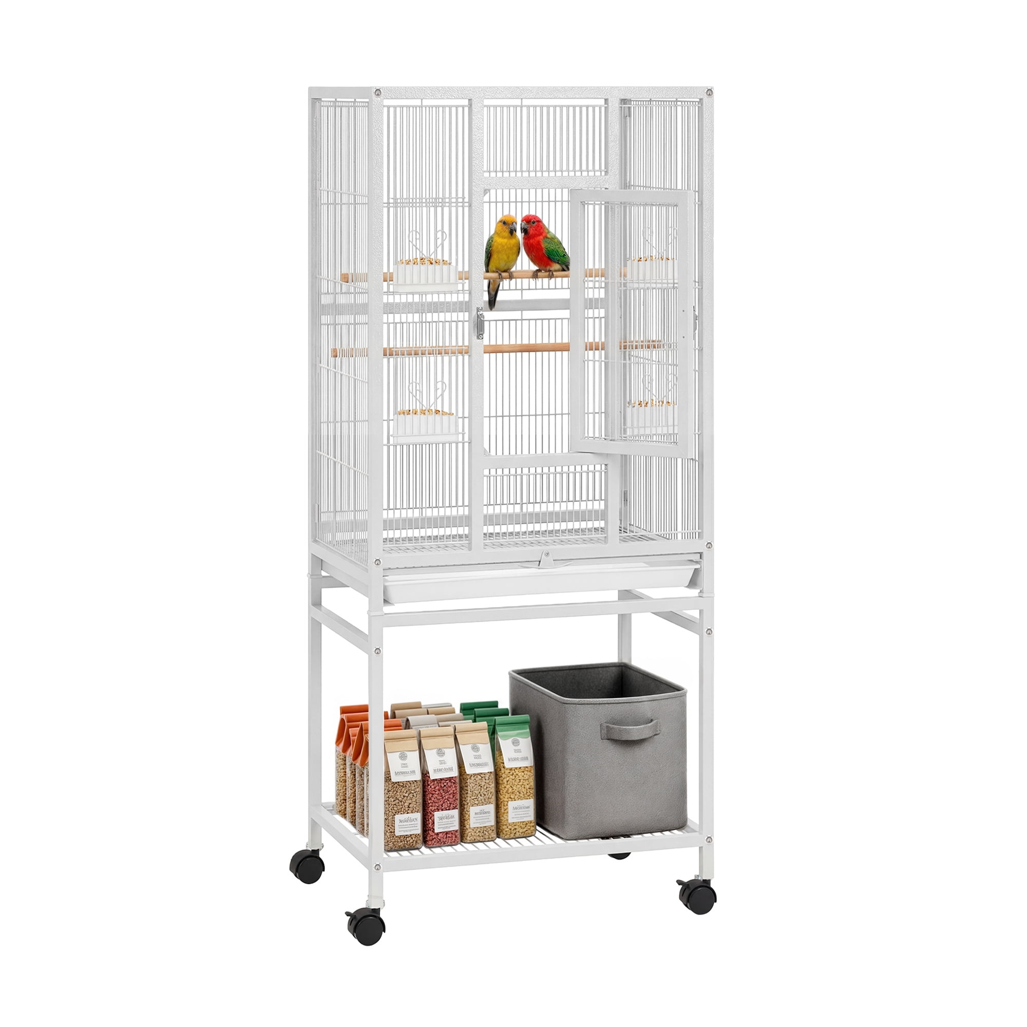 Uforic 53" White Metal Birdcage with Rolling Stand, 2 Perches & 4 Feeders for Small-Medium Birds