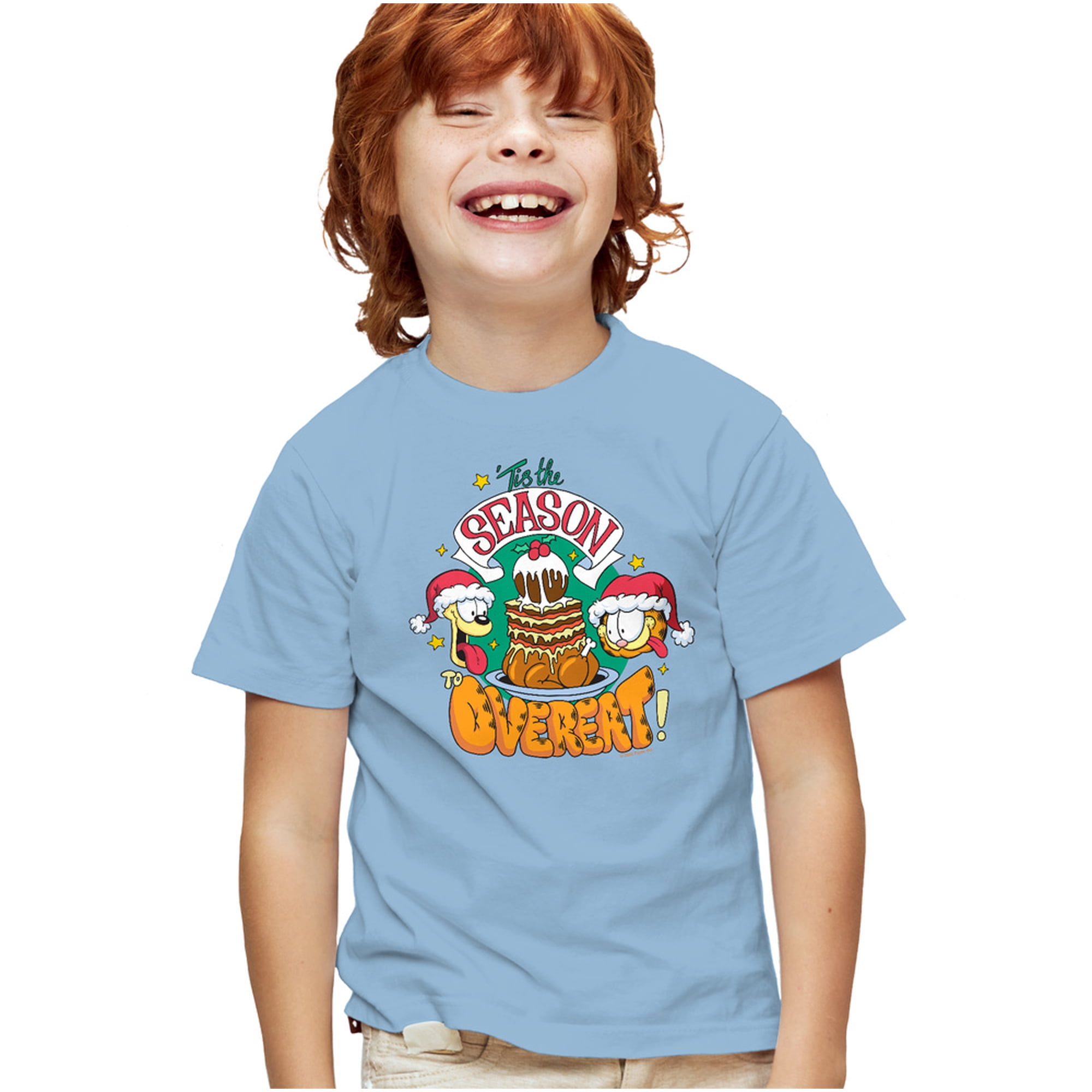 Garfield And Odie Christmas Tis The Season To Overeat Kids T Shirt for Youth Boys and Girls, Light Blue, Medium