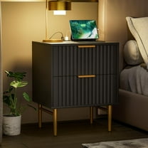 Nightstand with Charging Station, Side Table with 2 Drawers, Fluted End Table with Gold Metal Legs & Handle, Bedside Table with Wide Tabletop, Night Stand with Fluted Panel for Bedroom (1, Black)