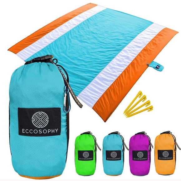 ECCOSOPHY Manta de playa a prueba de arena – Tapete de playa de gran tamaño sin arena de 9'x10' – Manta ligera para picnic al aire libre anclada con 4 bolsillos de arena en las esquinas y estacas de p