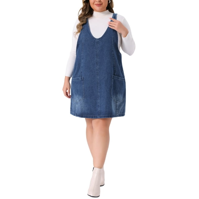 Vestido de mezclilla sin mangas con escote en V para mujeres de tallas grandes Agnes Orinda, vestido casual tipo jumper con bolsillos, 4X azul oscuro