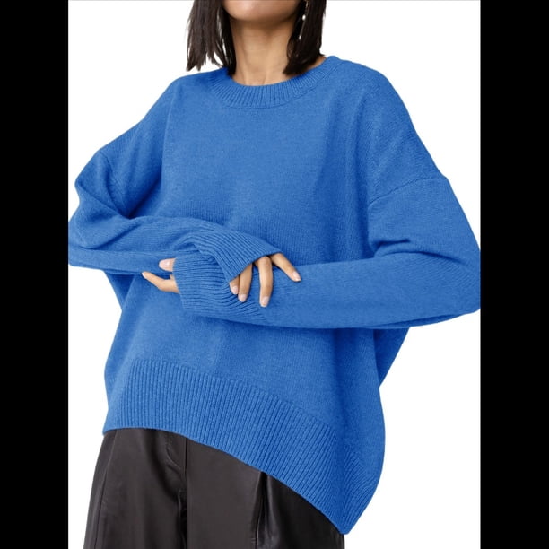 Suéter de Punto de Larga para Mujer, Jersey de Cuello Redondo, Suéter Informal Holgado. Azul Talla Única