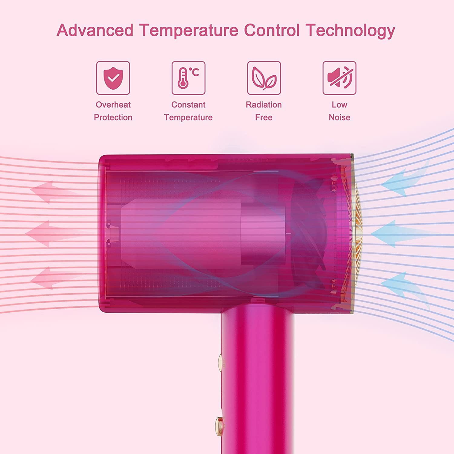 VIPMOON 1800W Water Ionic Hair Dryer, Blow Dryer with Magnetic Nozzle, 2 Speed and 3 Heat Settings, Powerful Low Noise Fast Drying Travel Hair Dryer for Home, Travel and Salon, Pink