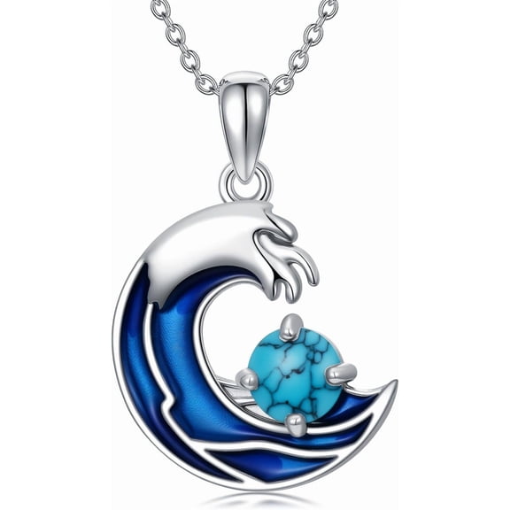 THOYAS 925 Sterling Silver Turquoise Exquisite Ocean Waves Pendant Necklace Boho Style Jewelry Gifts for Women Mother