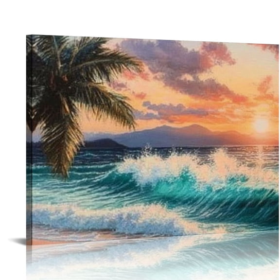 FCXZI Palm Tree Canvas Wall Art Beach Sunset Seawave Tropical Picture Blue Ocean, Seascape Painting Large Panoramic Landscape for Bathroom Living Room Bedroom Home Office Wall Decor 16x12in
