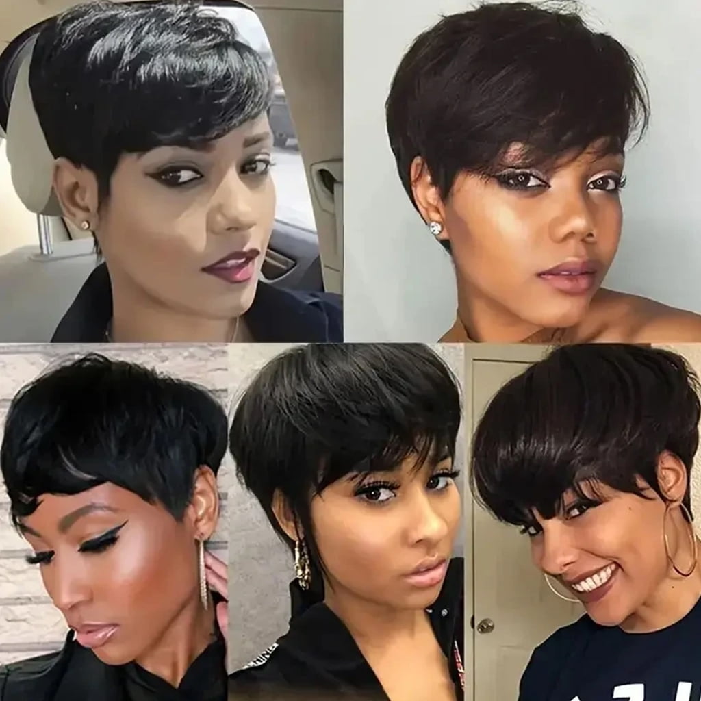 SUCS Blonde Pixie Short Cut Bob Wig With Bangs - Wavy Human Hair Wig/Brazilian Straight Wig/For Women & Girls