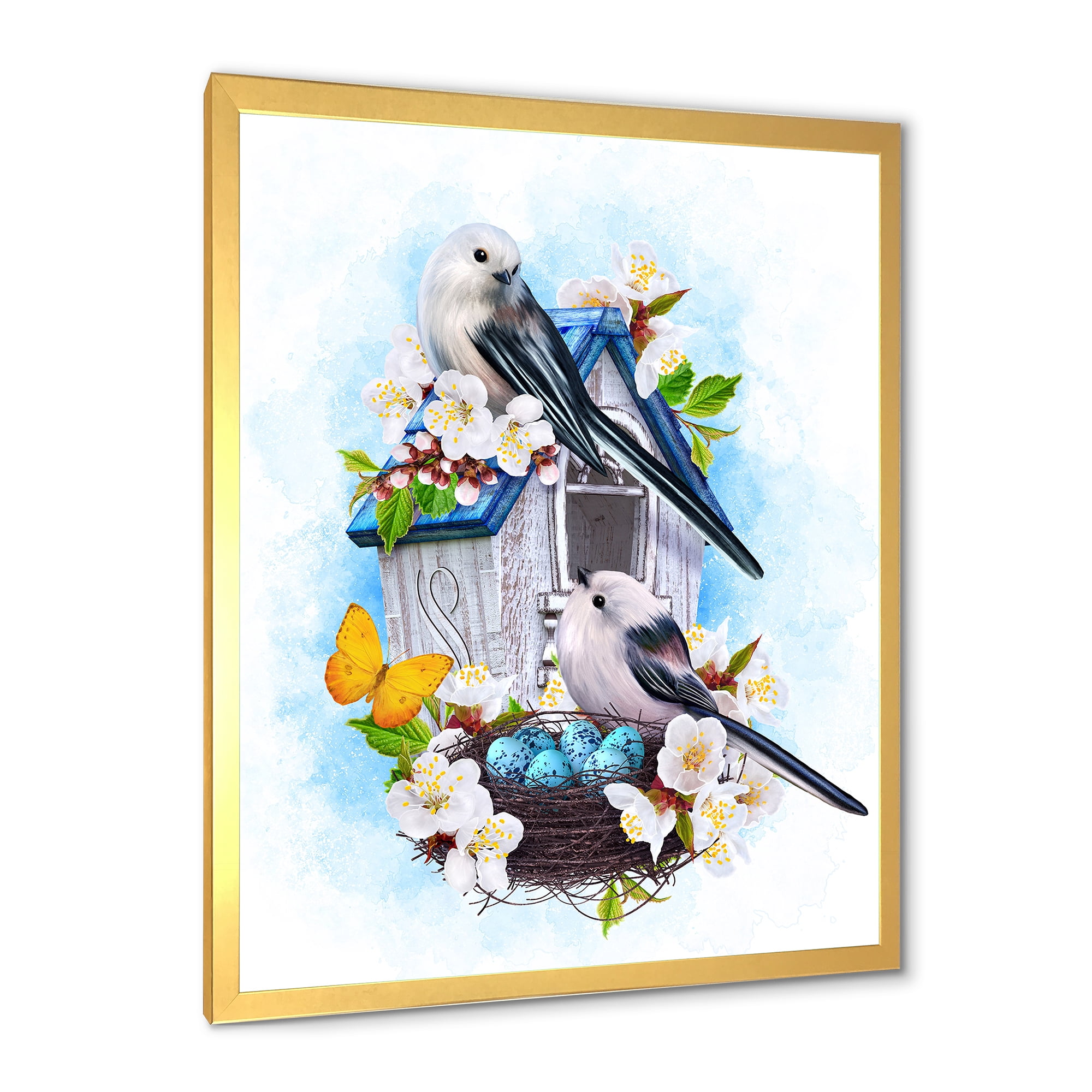 Designart 'Two Tit Birds Sitting Near The Nest With Eggs and White Flowers II' Traditional Framed Art Print