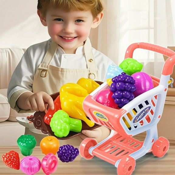 Play Kitchen Set with Shopping Cart, Kids Supermarket Pretend Toy Including Fruit Vegetables Cutting Food, Educational Role Play Learning Toy for Toddlers, Interactive Grocery Store Playset