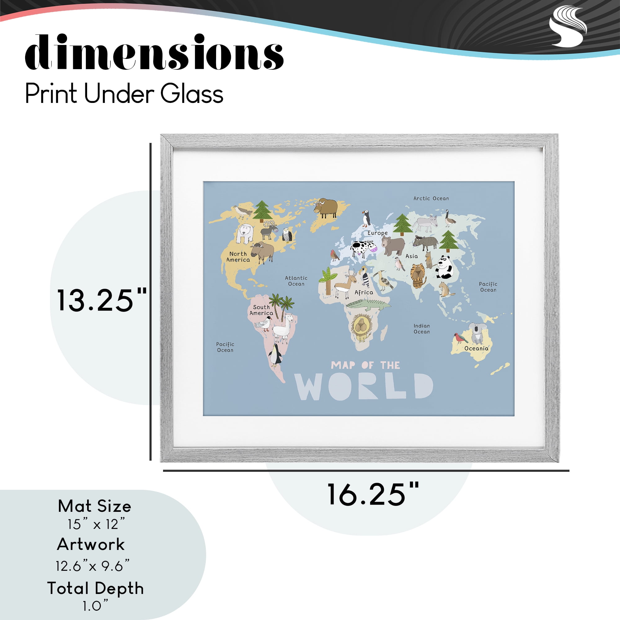 Kid's Map Of World Blue Gray Framed Print Under Glass, design by Carla Daly