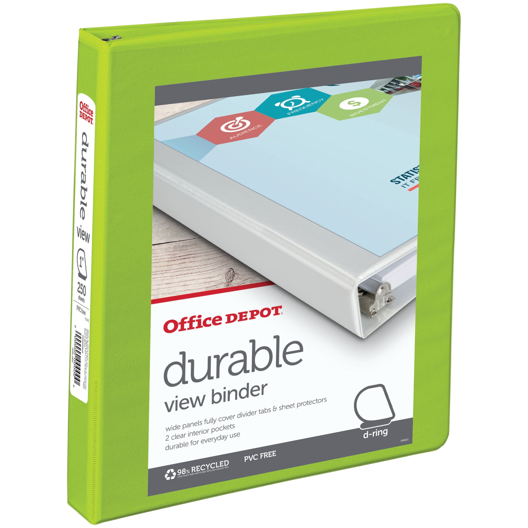 Office Depot® Brand Durable View 3-Ring Binder, 1' D-Rings, 49% Recycled, Green