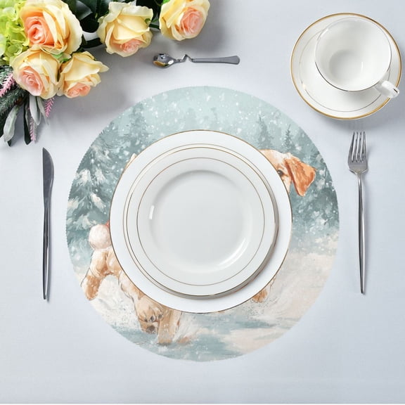 15.4" Round Placemat Set of 1 Polyester Fabric Place Mats Non-Slip Dining Kitchen Table Mats for Kitchen Party Decor Cute Brown Dog Wearing Hats