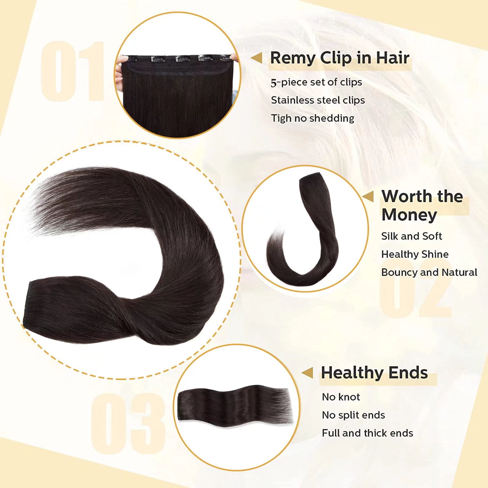 MY-LADY 10''-24'' 5 Clips in Human Hair Extensions Thick Real Natural Hair Pieces 100% Full Head Remy Hair 20inch #1B Natural Black（Thin）