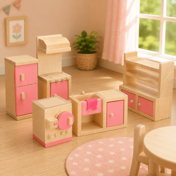 Pink Wooden Doll House Furniture Set With Accessories For Dollhouse