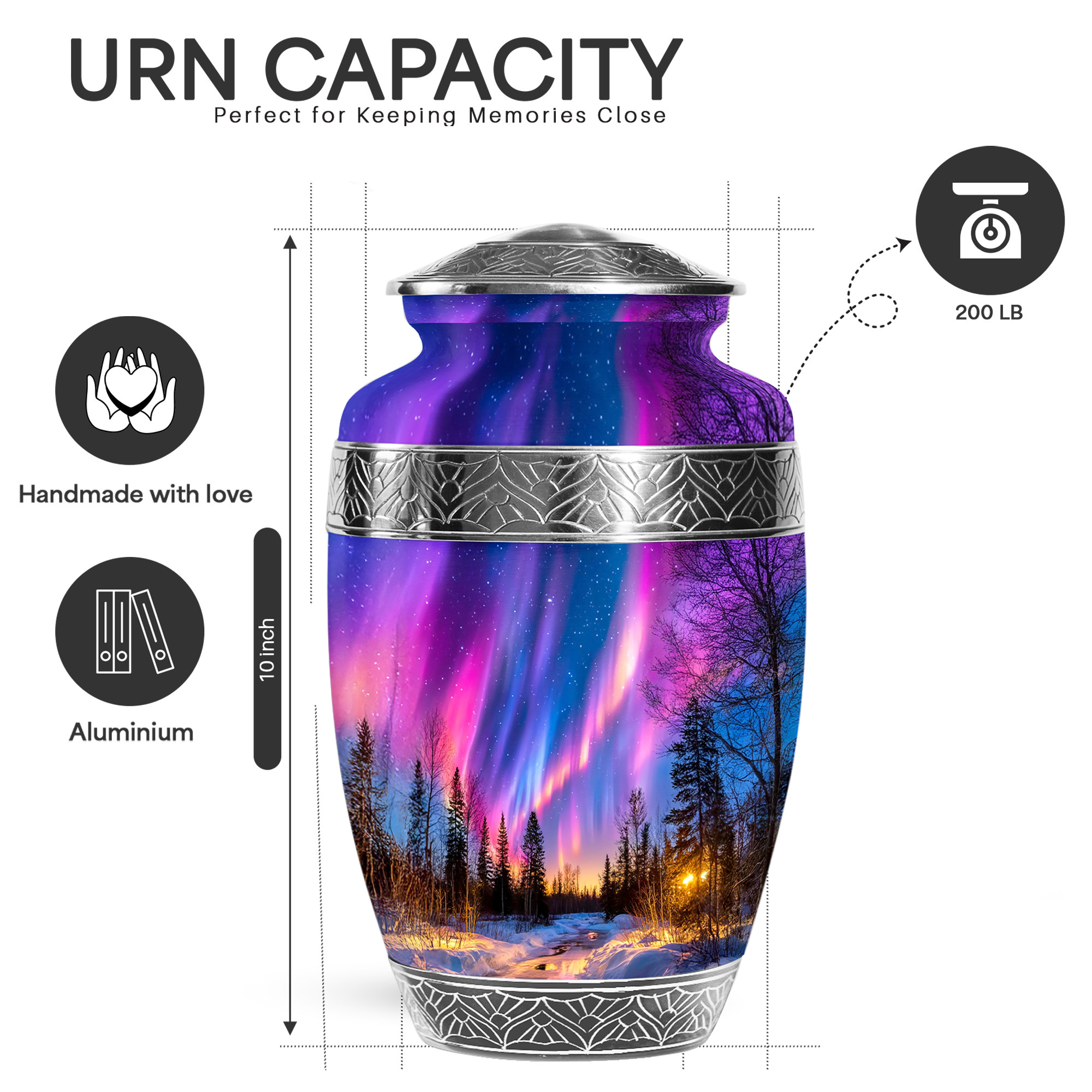YATSKIA Northern Lights Large Funeral Urn for Ashes Adult Brother and Sister, Decorative Cremation Urns for Human Ashes Adult , (200 Cubic, Large 10 Inch)