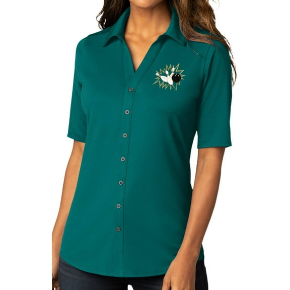 Womens Crashing Bowling Pins Button-Down Stretch Shirt, Large Dark Teal