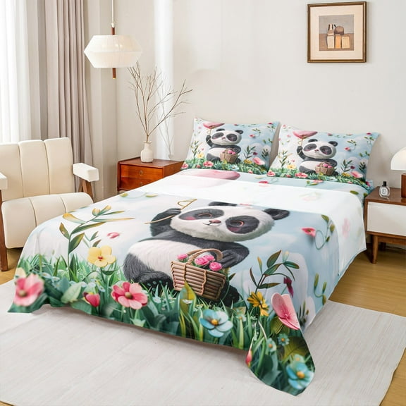 Castle Fairy Floral Panda 3pcs Twin Sheet Sets,Cartoon Animal Twin Fitted Sheet,Love Heart Print Breathable Flat Sheet,Ultra Soft Wildlife Home Decor
