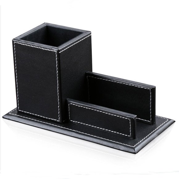 Kingfom Organizador De Escritorio De Cuero Pu Y Accesorios Portalápices Para Escritorio Con Soporte Para Tarjetas De Visita Colección De Suministros De Oficina Escolar Caddy Negro