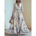 thumbnail image 4 of Women's V Neck Floral Printed Pleated Dress Long Sleeve Flowy A Line Party Maxi Cocktail Dresses White S, 4 of 7