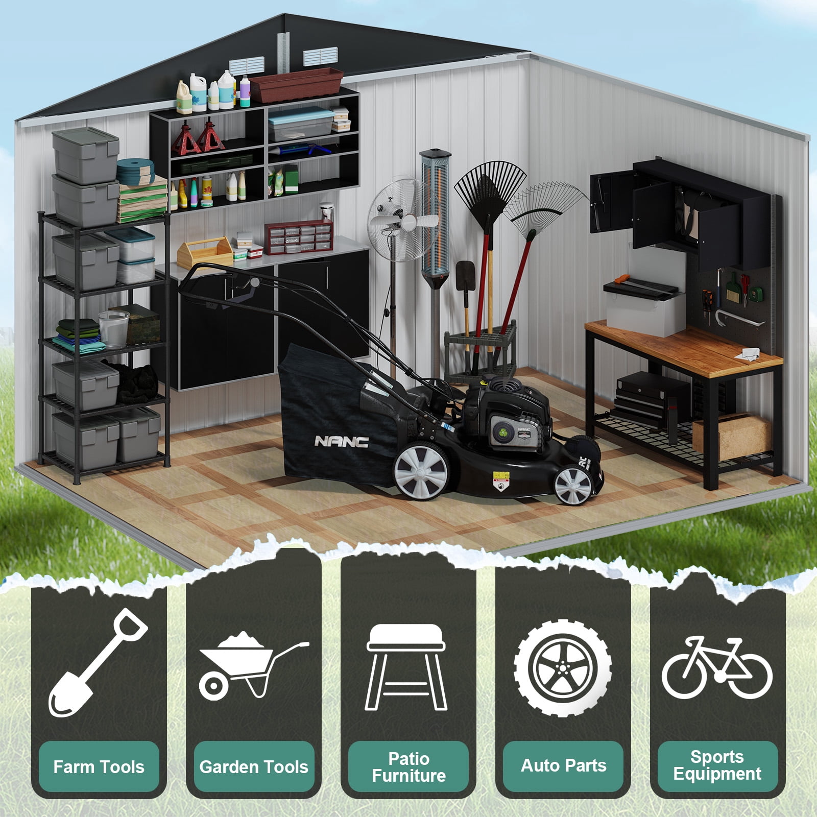 Metal Outdoor Storage Shed 9.7' x 7.6', Outdoor Metal Shed with Base Frame for Tool, Garden, Bike, Brown