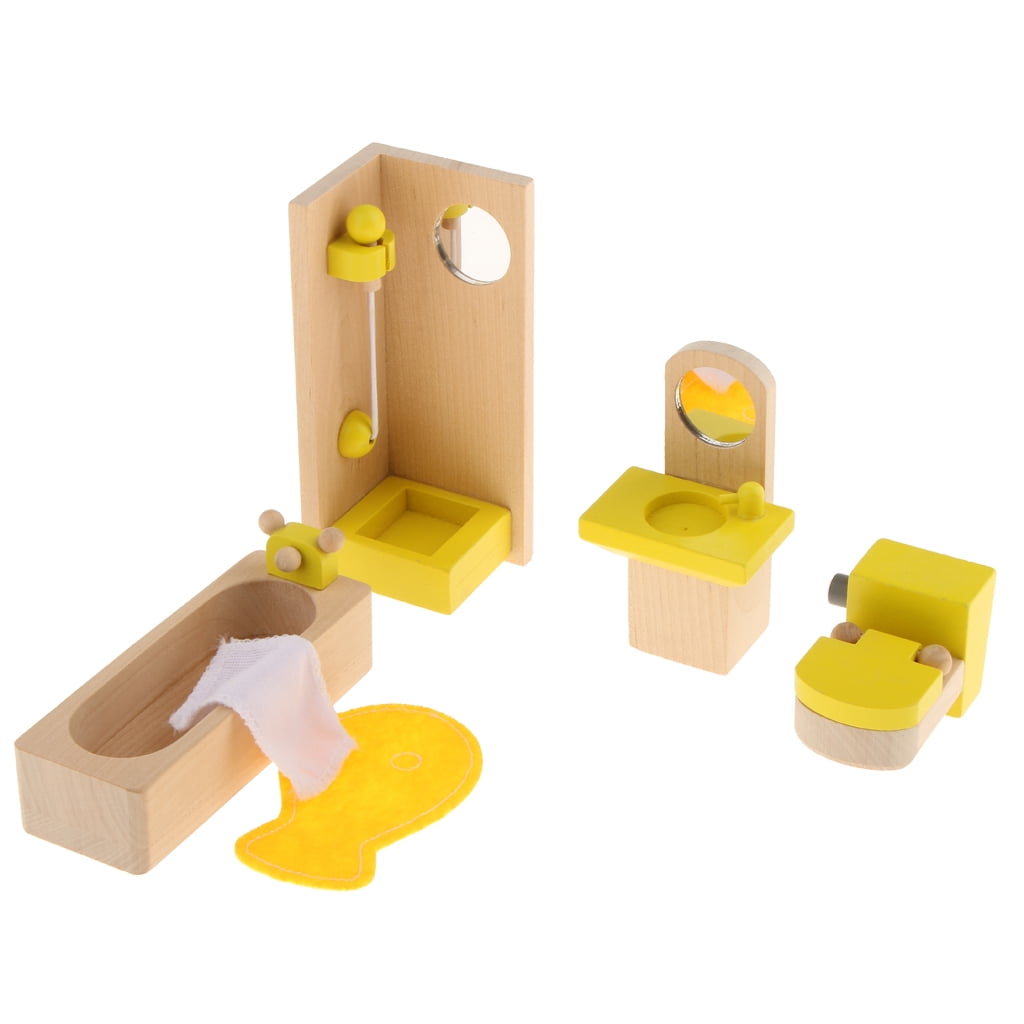 Wood Dolls House Bathroom Set Miniature Furniture Kids Child Pretend