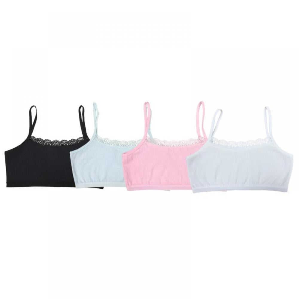 4Pcs Girl Underwear Cotton Lace Bras Girls Soft Camisoles Sports Bra Top For Teens Training Bra 8-12Y(4 pcs, 1-Pack,4 colors)