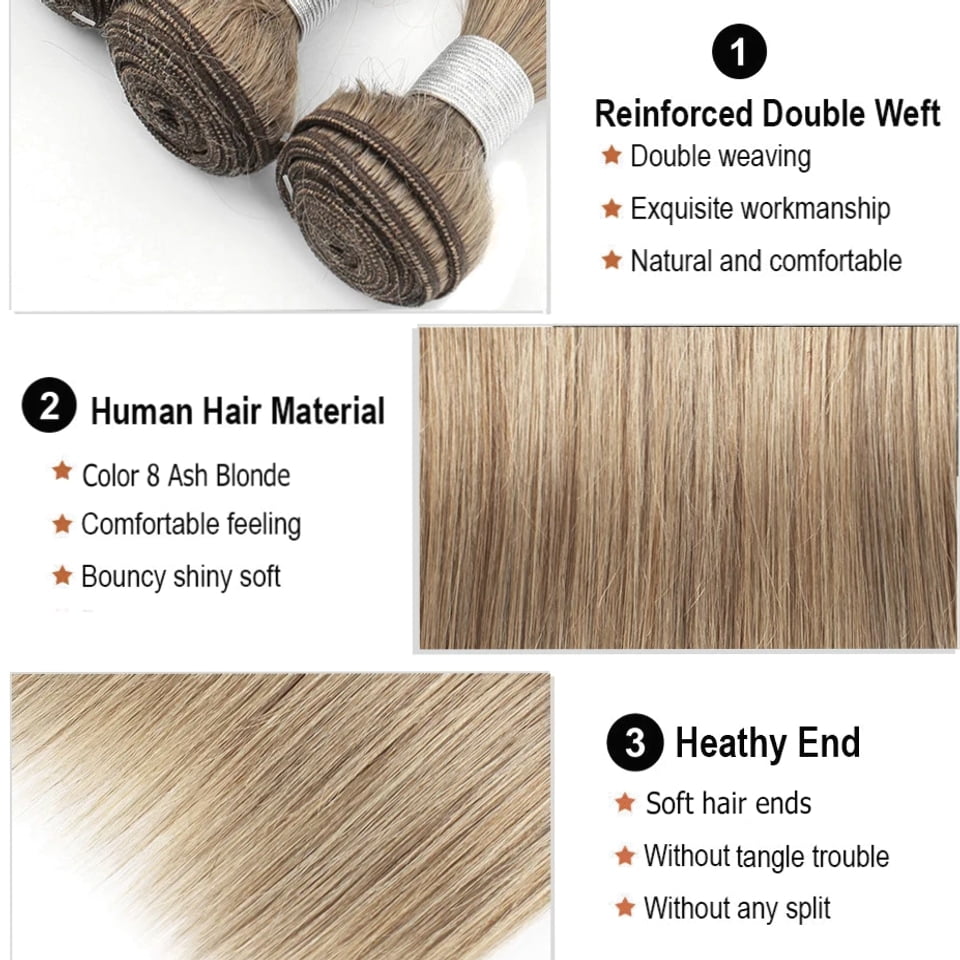 Typpkmm, Versatile Color 8 27 4 Pure Color Remy 100 Human Hair Bundles Extension 95±5gram Ash Blonde Silky Straight Style Bobbi 1 Piece, Brown