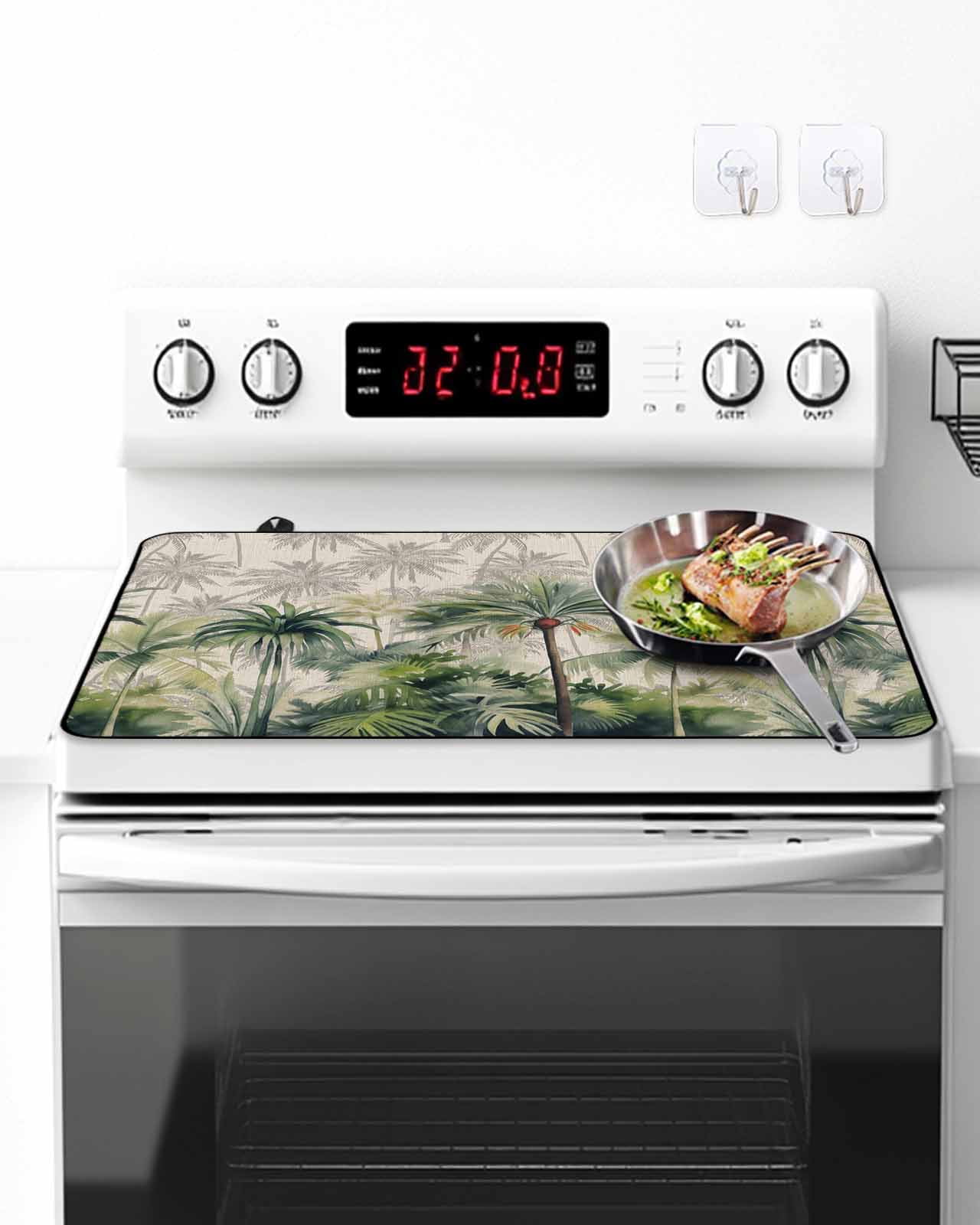 Stove Top Covers for Electric Stove, Summer Tropical Leaves Glass Stovetop Cover Protector, Green Palm Trees Botanical Induction Cooktop Protector Oven Mat for Kitchen Countertop 24"x21"