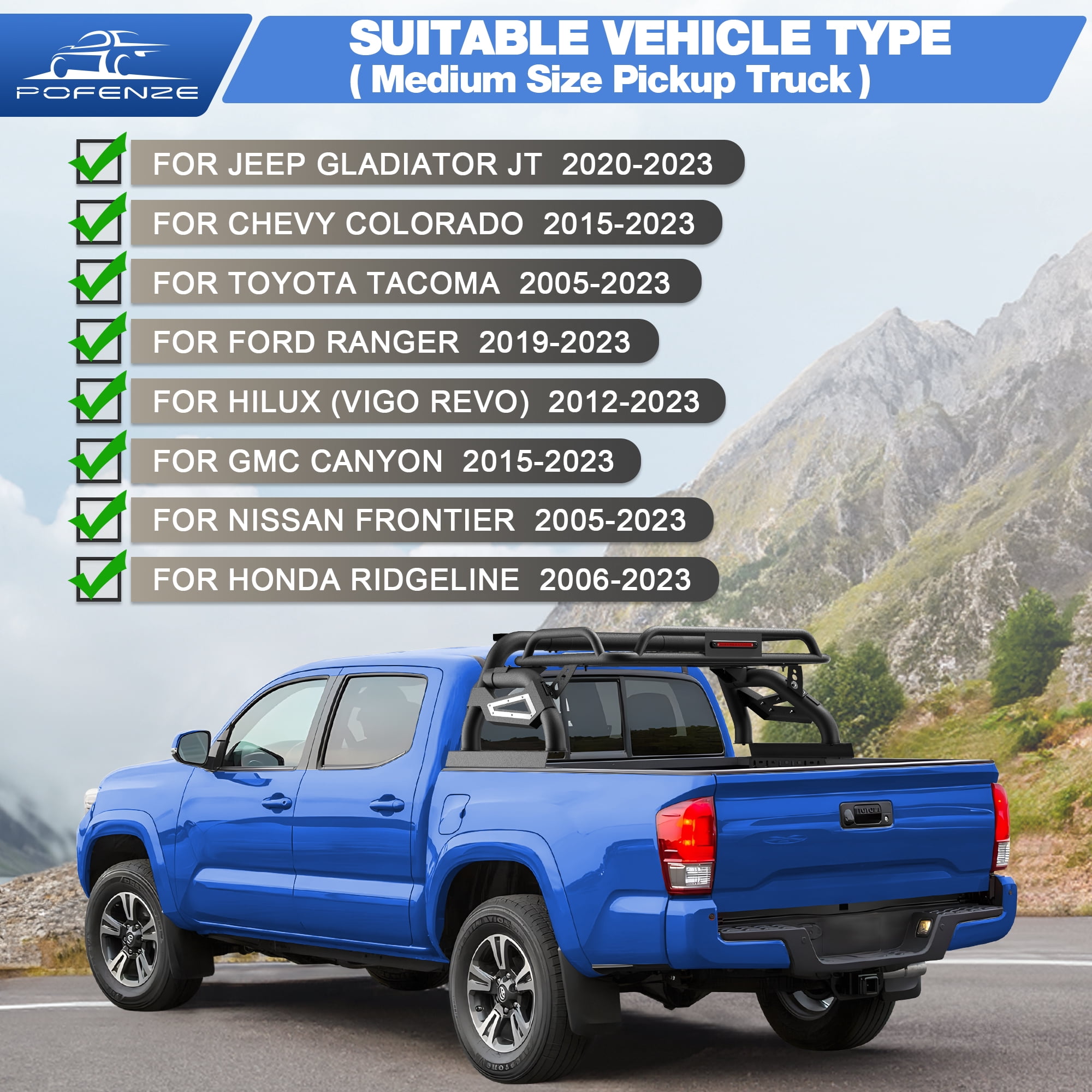 POFENZE Roll Bar for Mid Size Pickup Truck Chase Rack Sport Bar with Cargo Carrier Basket for Toyota Tacoma, Chevy Colorado & GMC Canyon