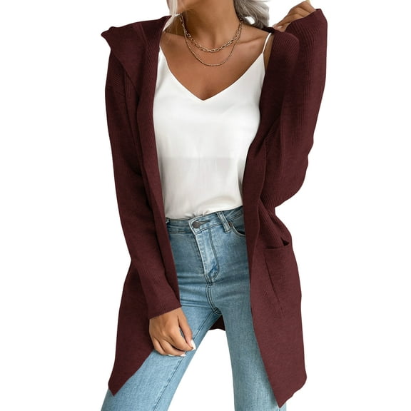 Women Hooded Open Front Long Sleeve Lapel Rib Knitted Winter Fall Sweater Cardigan Coat with Pocket Wine Red M