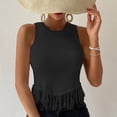 thumbnail image 2 of Mujeres Top sin mangas cuello redondo blusa frente borla empalme corto Top blusa de color puro, 2 of 5